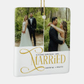 Minimal First Christmas Married Couples 2 Photos Keramisch Ornament (Rechts)