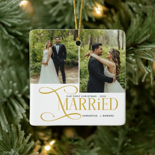 Minimal First Christmas Married Couples 2 Photos Keramisch Ornament (Boom)