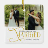 Minimal First Christmas Married Couples 2 Photos Keramisch Ornament (Voorkant)