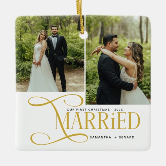 Minimal First Christmas Married Couples 2 Photos Keramisch Ornament (Voorkant)