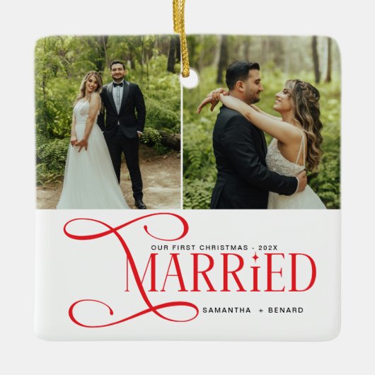 Minimal First Christmas Married Couples 2 Photos Keramisch Ornament (Voorkant)