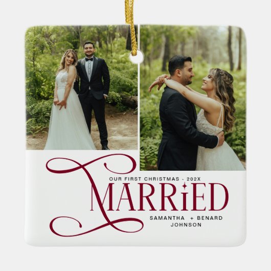 Minimal First Christmas Married Couples 2 Photos Keramisch Ornament (Voorkant)