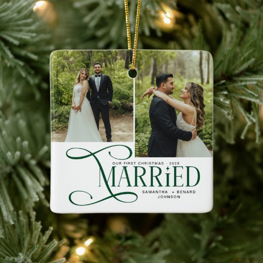 Minimal First Christmas Married Couples 2 Photos Keramisch Ornament (Boom)