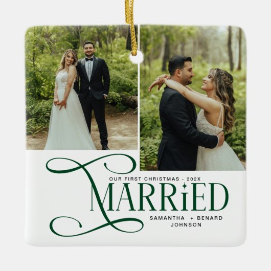 Minimal First Christmas Married Couples 2 Photos Keramisch Ornament (Voorkant)