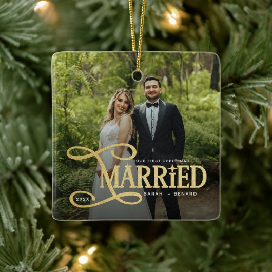 Minimal First Christmas Married Couples 2 Photos Keramisch Ornament (Boom)