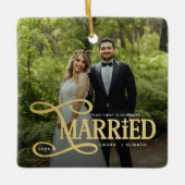 Minimal First Christmas Married Couples 2 Photos Keramisch Ornament (Voorkant)