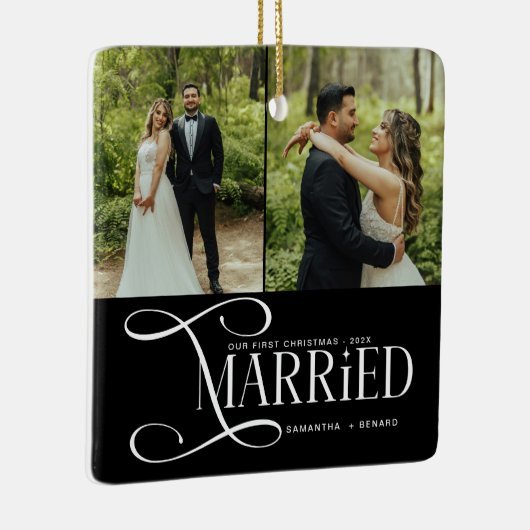 Minimal First Christmas Married Couples 2 Photos Keramisch Ornament (Rechts)