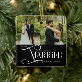 Minimal First Christmas Married Couples 2 Photos Keramisch Ornament