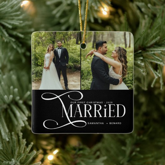 Minimal First Christmas Married Couples 2 Photos Keramisch Ornament (Boom)