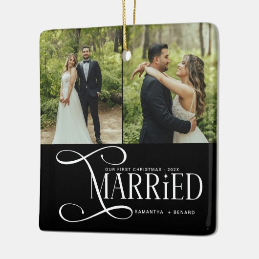 Minimal First Christmas Married Couples 2 Photos Keramisch Ornament (Links)