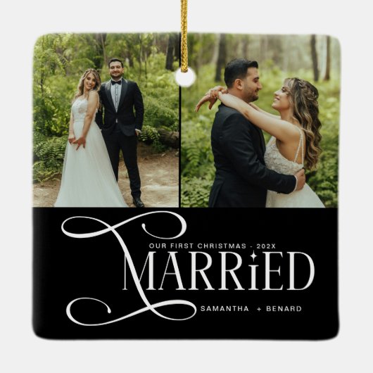 Minimal First Christmas Married Couples 2 Photos Keramisch Ornament (Achterkant)