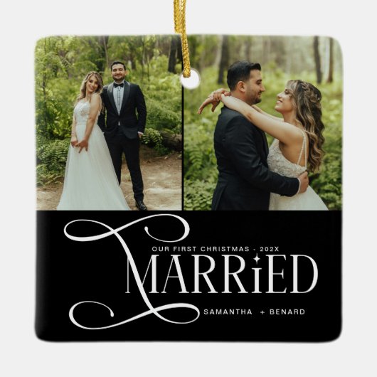 Minimal First Christmas Married Couples 2 Photos Keramisch Ornament (Voorkant)