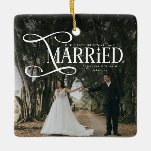 Minimal First Christmas Married Couples Photo  Keramisch Ornament (Voorkant)