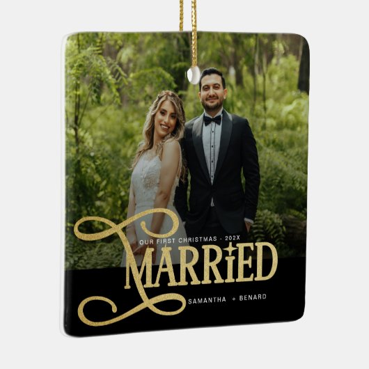 Minimal First Christmas Married Couples Photo Keramisch Ornament (Rechts)