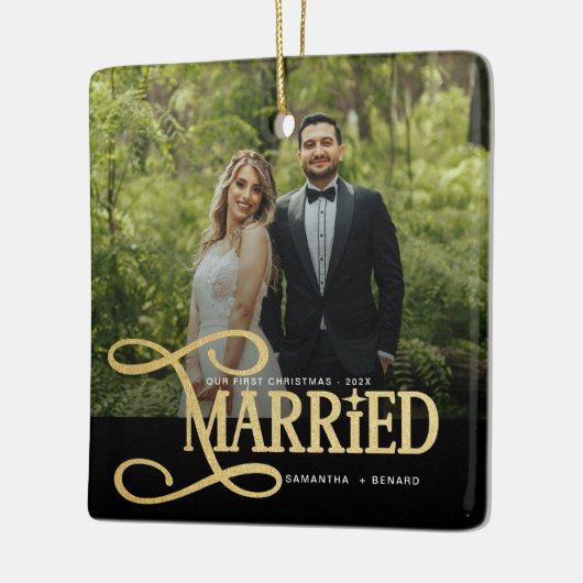 Minimal First Christmas Married Couples Photo Keramisch Ornament (Links)