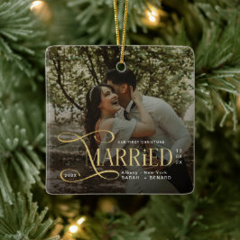 Minimal First Christmas Married Couples Photo Keramisch Ornament