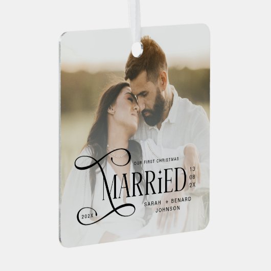 Minimal First Christmas Married Couples Photo Metalen Ornament (Voorkant Rechts)