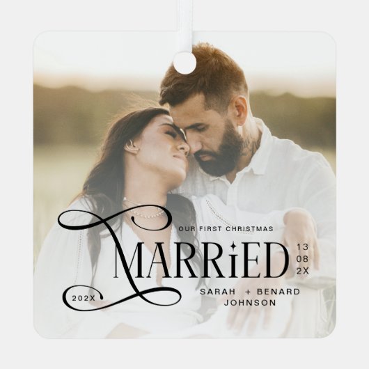 Minimal First Christmas Married Couples Photo Metalen Ornament (Achterkant)