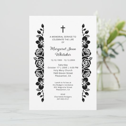 Minimal Floral Back & White Garland Photo Funeral Kaart (Staand voorkant)