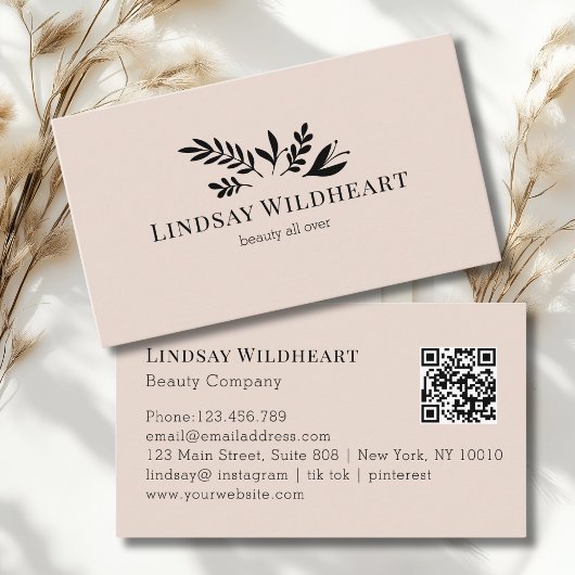Minimal Floral Beige-Blush Botanical  QR Code Visitekaartje
