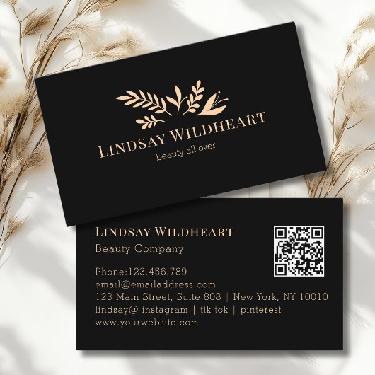 Minimal Floral Black Botanical Beauty QR Code Visitekaartje