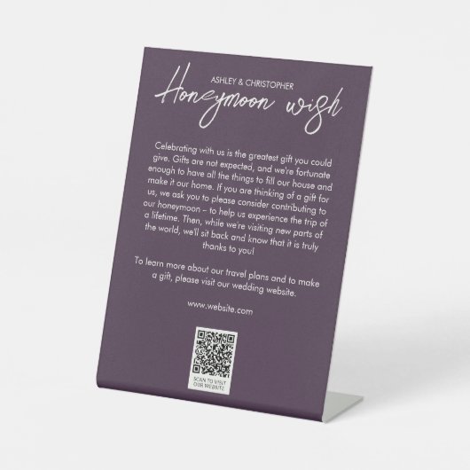 Minimal Floral Botanical Paarse Honeymoon Fund Reclamebord Met Voetstuk (Voorkant)