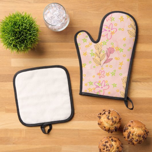 Minimal Floral Doodle Pattern –Pastel Pink pattern Ovenwant & Pannenlap Set (Top down)