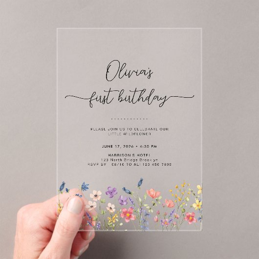 Minimal Floral First Birthday Acrylic Invitation Acryl Uitnodigingen (Insitu (Draagbaar))