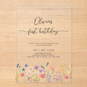 Minimal Floral First Birthday Acrylic Invitation Acryl Uitnodigingen (Voorkant)