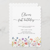 Minimal Floral First Birthday Invitation Kaart (Voorkant / Achterkant)