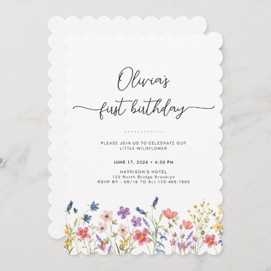 Minimal Floral First Birthday Invitation Kaart (Voorkant / Achterkant)