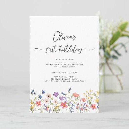 Minimal Floral First Birthday Invitation Kaart (Staand voorkant)