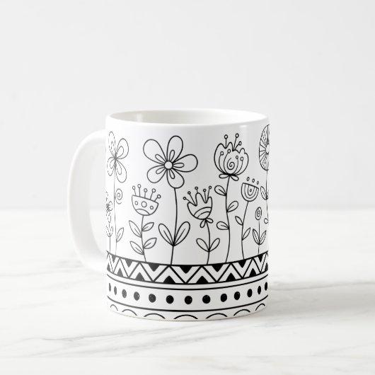 Minimal Floral Folk Pattern Mug – Boho Line Art Koffiemok (Voorkant links)