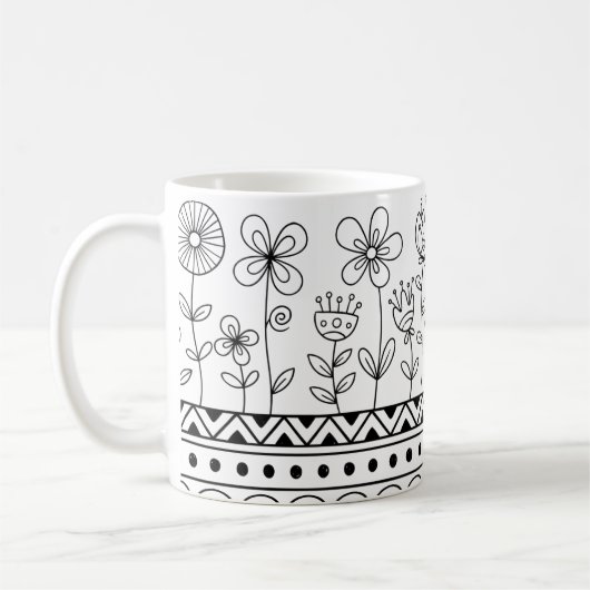 Minimal Floral Folk Pattern Mug – Boho Line Art Koffiemok (Links)