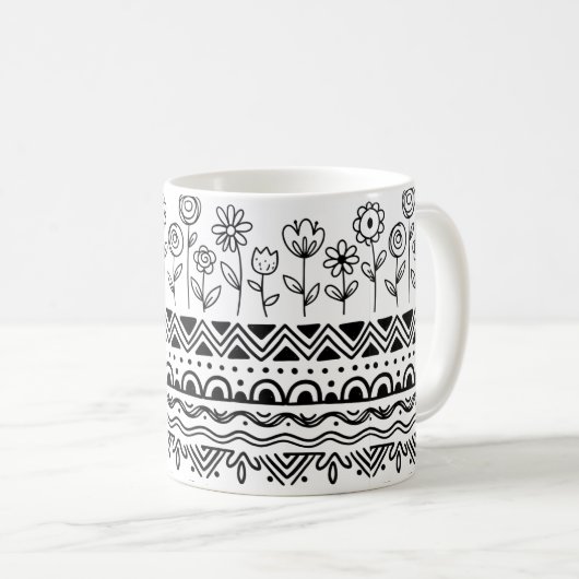 Minimal Floral Folk Pattern Mug – Boho Line Art  Koffiemok (Voorkant rechts)