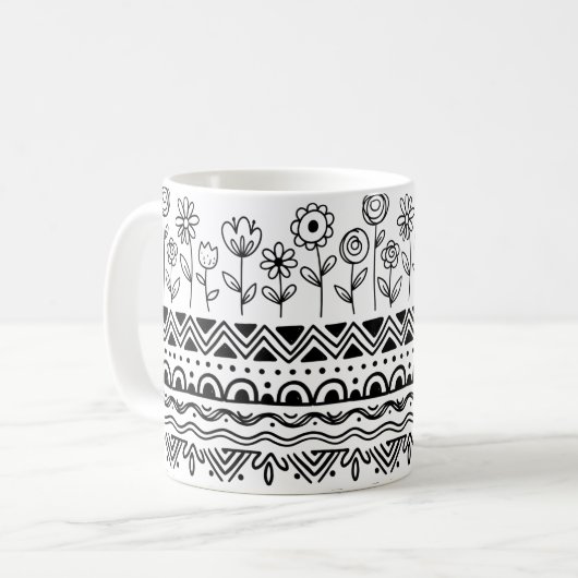 Minimal Floral Folk Pattern Mug – Boho Line Art  Koffiemok (Voorkant links)