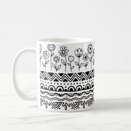 Minimal Floral Folk Pattern Mug – Boho Line Art Koffiemok (Links)