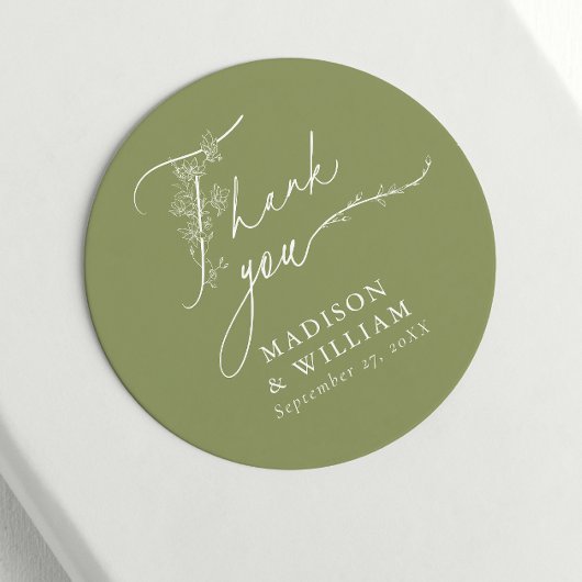Minimal Floral Moss Green Dank u voor uw bruiloft Ronde Sticker