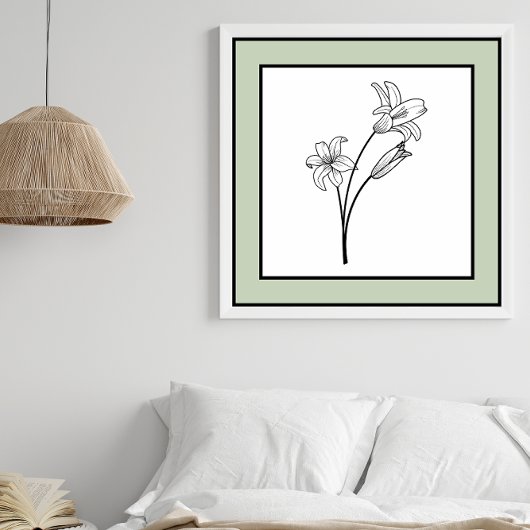 Minimal Flowers Black Line Art Bord Green Border Poster