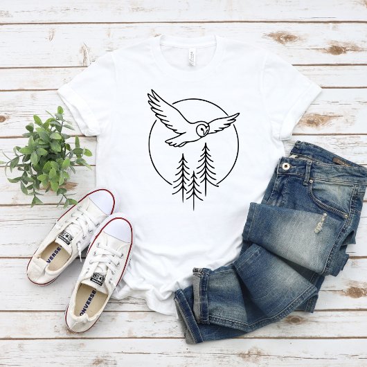 Minimal Flying Owl Over Pines – Forest Line Art Il T-shirt