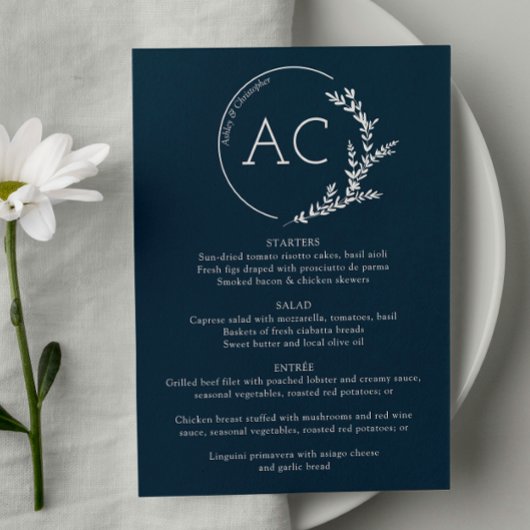 Minimal Foliage Lijst Navy Blue bruiloft receptie Menu