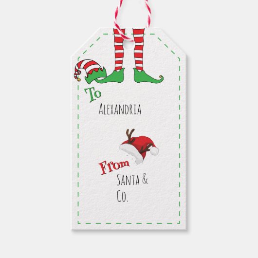 Minimal Fun Schattige Elf Legs en Santa Hat Cadeaulabel (Voorkant)