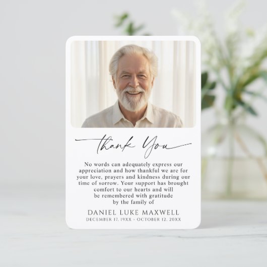 Minimal Funeral Memorial Photo Script Thank You Bedankkaart (Staand voorkant)
