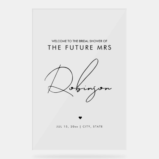 Minimal FUTURE MRS Vrijgezellenfeest Welcome Black Acryl Bord (Voorkant)