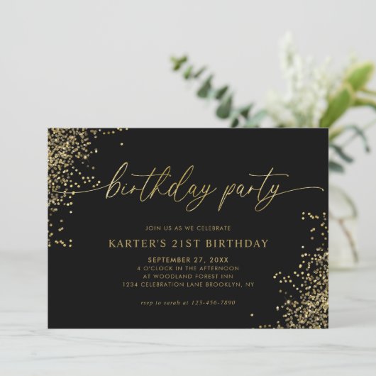 Minimal Glam Black Gold Confetti Adult Birthday Kaart (Staand voorkant)