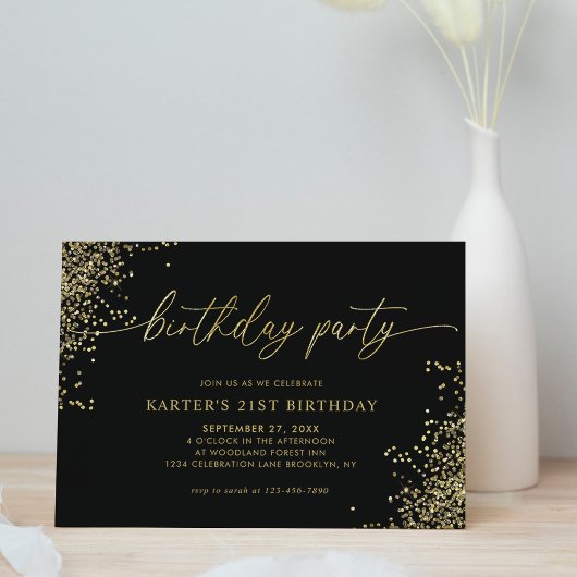 Minimal Glam Black Gold Confetti Adult Birthday Kaart