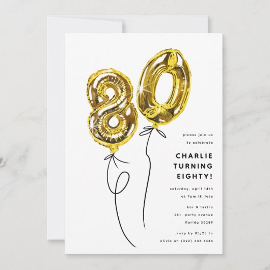 Minimal Gold 80 Ballon 80ste Verjaardagsfeest Kaart (Voorkant)