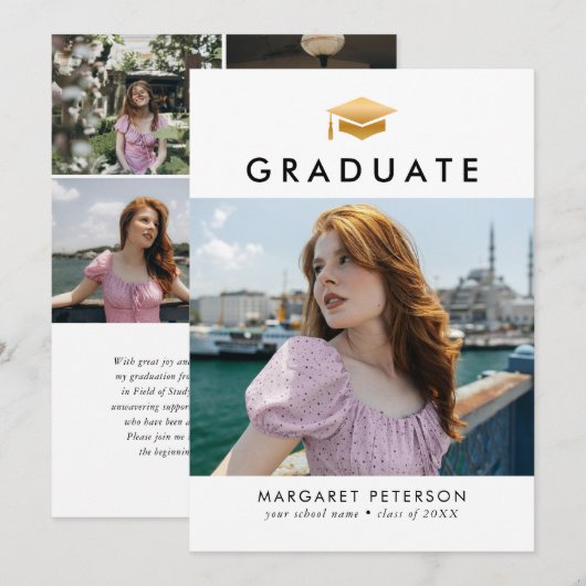 Minimal Gold Afstudeerder Pet Fotocollage Afstuder Aankondiging (Voorkant / Achterkant)