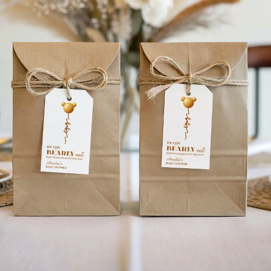 Minimal Gold Bear Balloon Bearly Wait Tag Cadeaulabel