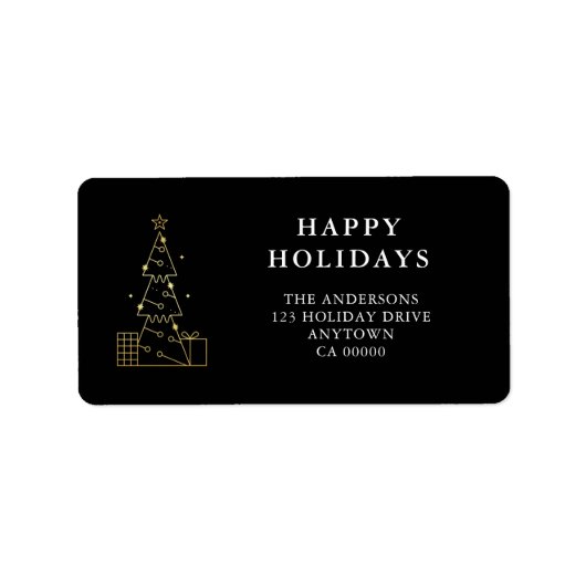 Minimal Gold Christmas Tree Black Retouradres Etiket (Voorkant)